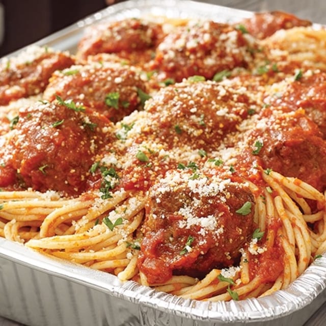 Spaghetti & Meatball Tray, Salad & Bread.